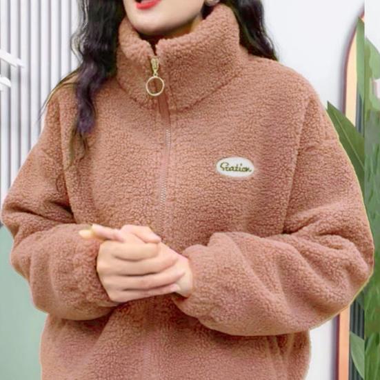 Cappotto invernale in sherpa da donna Fuzzy caldo colletto alla coreana in tinta unita Vestibilità ampia Chiusura con cerniera Doppia tasca con spalle scoperte Cappotto femminile da donna a maniche lunghe