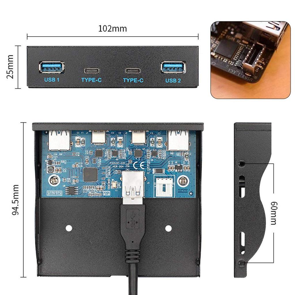 Cablecc USB Front Panel Header USB Hub 4 Port Front Panel Motherboard Cable for Floppy Bay 3.1 - USB-C & 3.0 3.5"