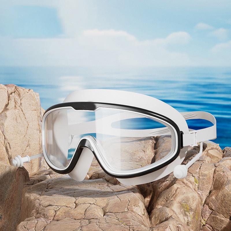 

1Pcs Adult Large Frame Swimming Goggles Waterproof Anti Fog Anti UV High-definition Transparent Flat Lens with Built-in Earplugs