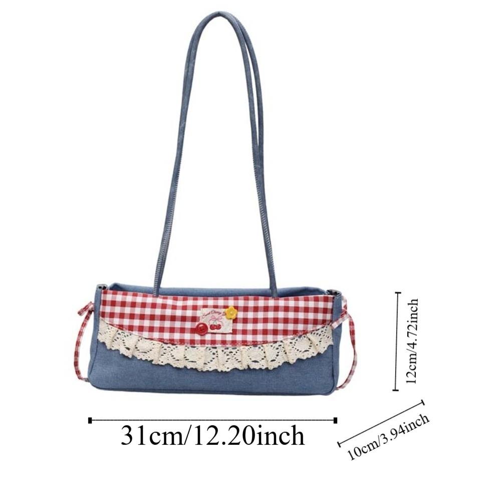 Black French Stick Handbag Denim Blue Cloth Underarm Bags Shopping Plaid Bow Shoulder Bag Travel