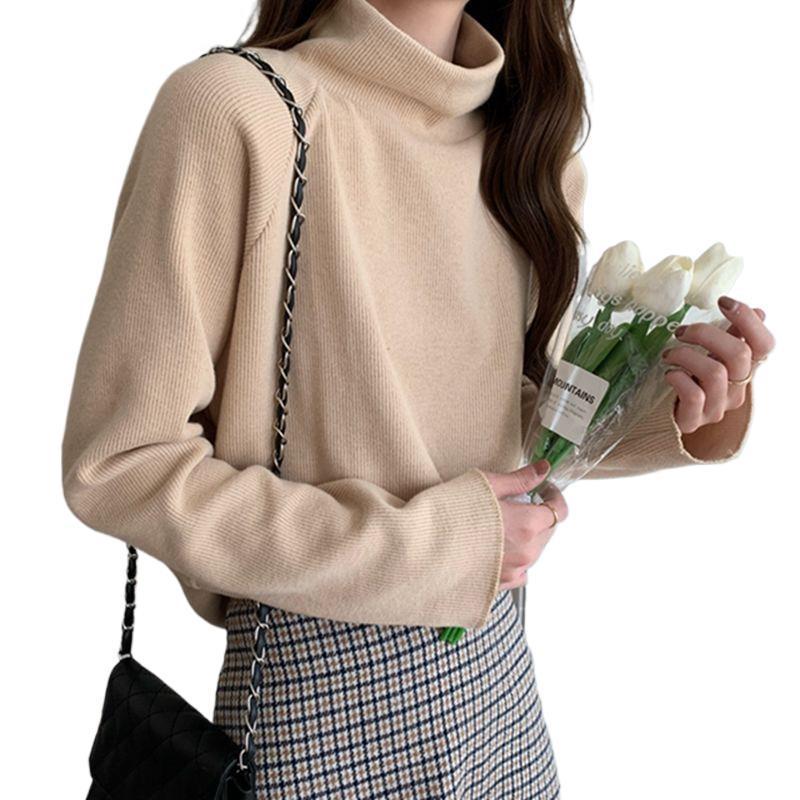 Korean-Style Autumn Loose Mid-High Neck Long Sleeve Shirt for Women - Solid Color Trendy Base Layer.