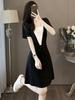 European Elegant Summer 2026 V-neck A-line Black & White Slimming Dress for Women