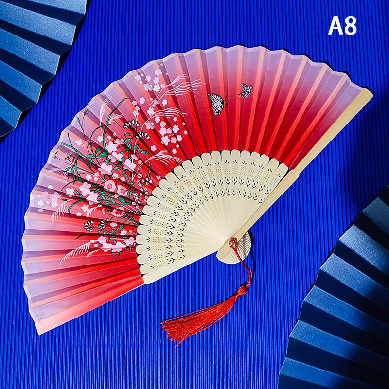 Vintage Chinese Style Folding Fan Bamboo Hand Fan Wooden Shank Classical Dance Fan With Tassel Elegent Female Fan Home Decor