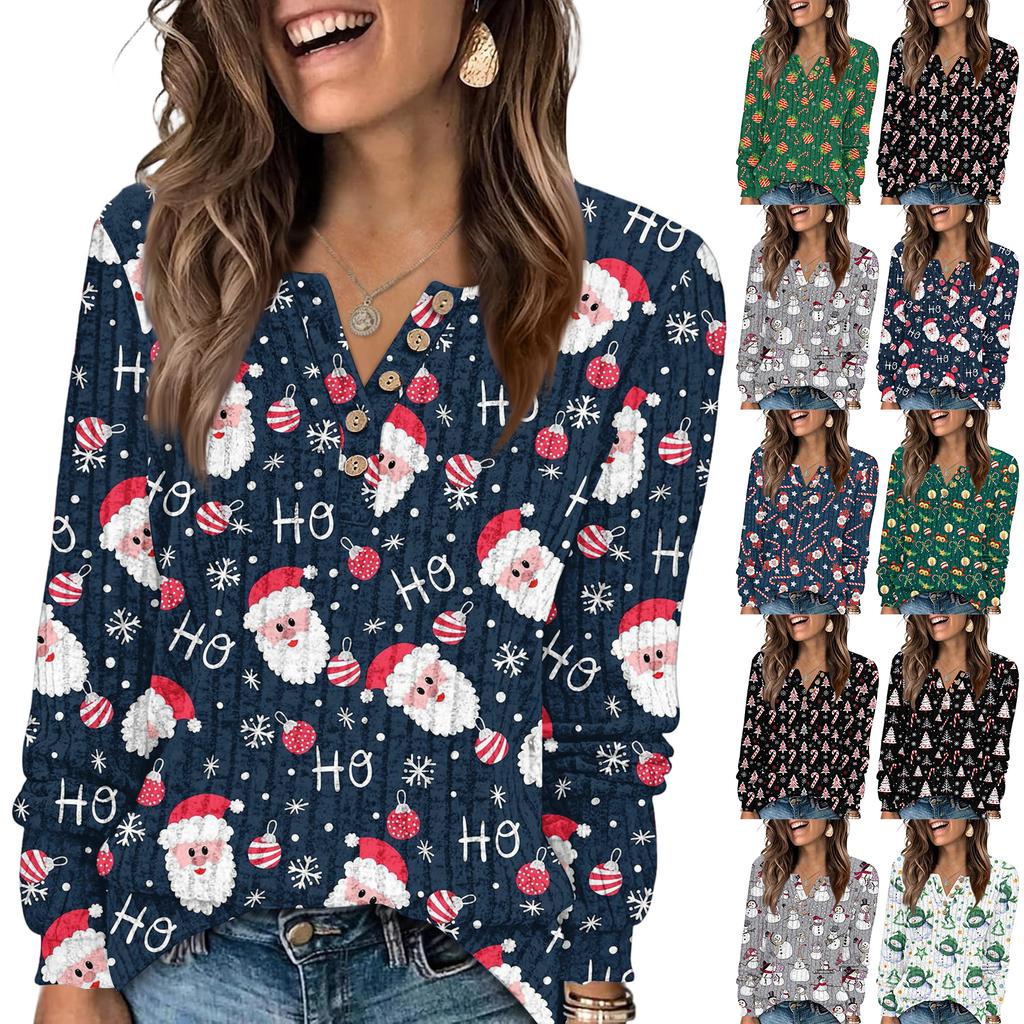 Women's Fashion V-Neck Button-Up T-Shirt With Christmas Print Long-Sleeved Top