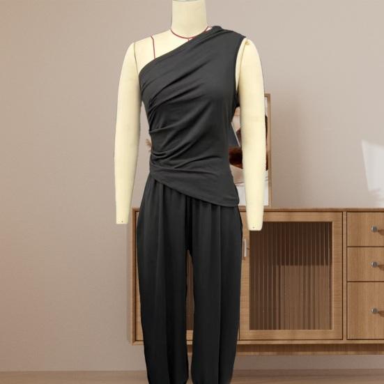 Women Tank Top Pants Two Piece Set Summer One-shoulder Sleeveless Shirt Trousers Solid Color Breathable Loose Casual Top Pants Suit