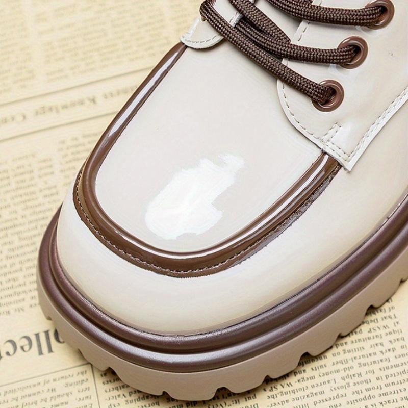 [Stylish Loafers] Stylish Chunky Heel Loafers - Women's White with Brown Accents, Thick Sole, Lace-Up Design, All-Season Comfort Shoes,Casual Footwear