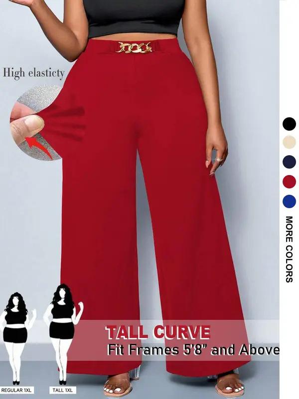 

European & American Women s Plus Size Wide-Leg Pants with Belt & Chain - Casual Commute Wear 1XL красный