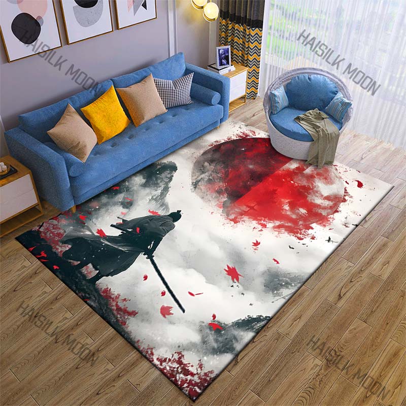Samurai and red moon Print Carpet Rug for Living Room Bedroom Sofa Doormat Home Decor Non-slip Floor Mat