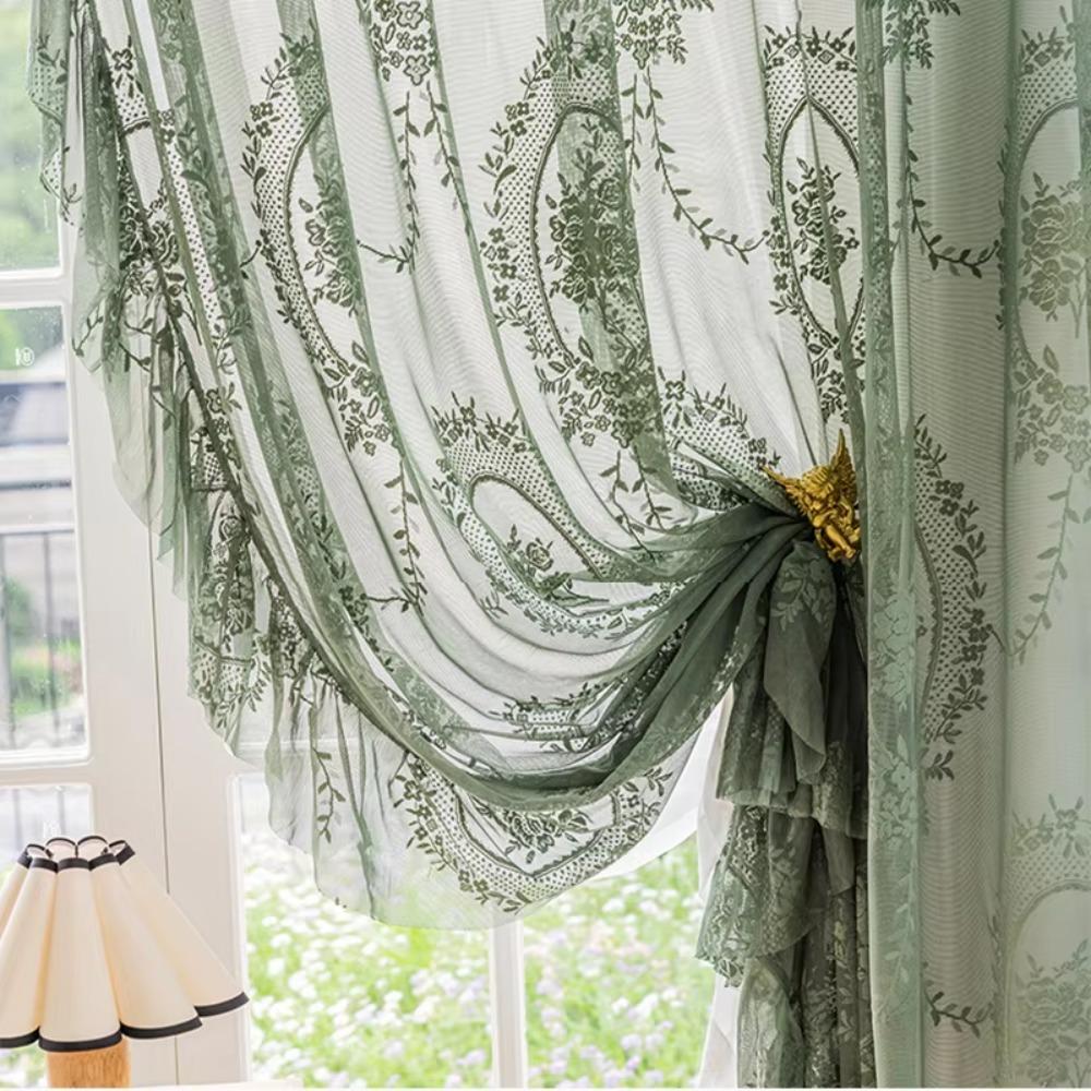 2 Pcs Ruffled Edge Gauze Curtain Retro Lace Sheer Curtain Romantic French Lace Floral Curtain  Door