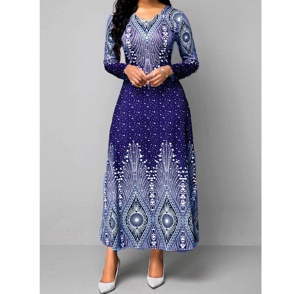 European & American V-Neck Retro Print Long Sleeve Maxi Dress - Spring & Autumn Women's Fashion