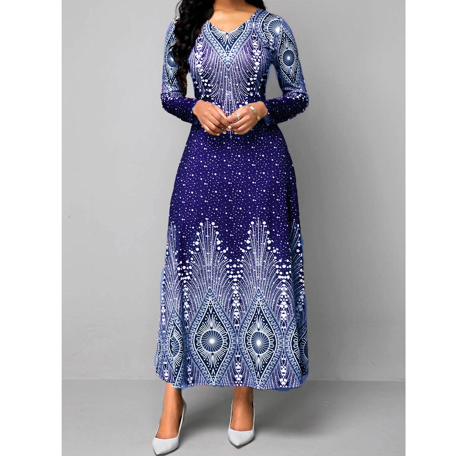 

European & American V-Neck Retro Print Long Sleeve Maxi Dress - Spring & Autumn Women s Fashion 5XL синій