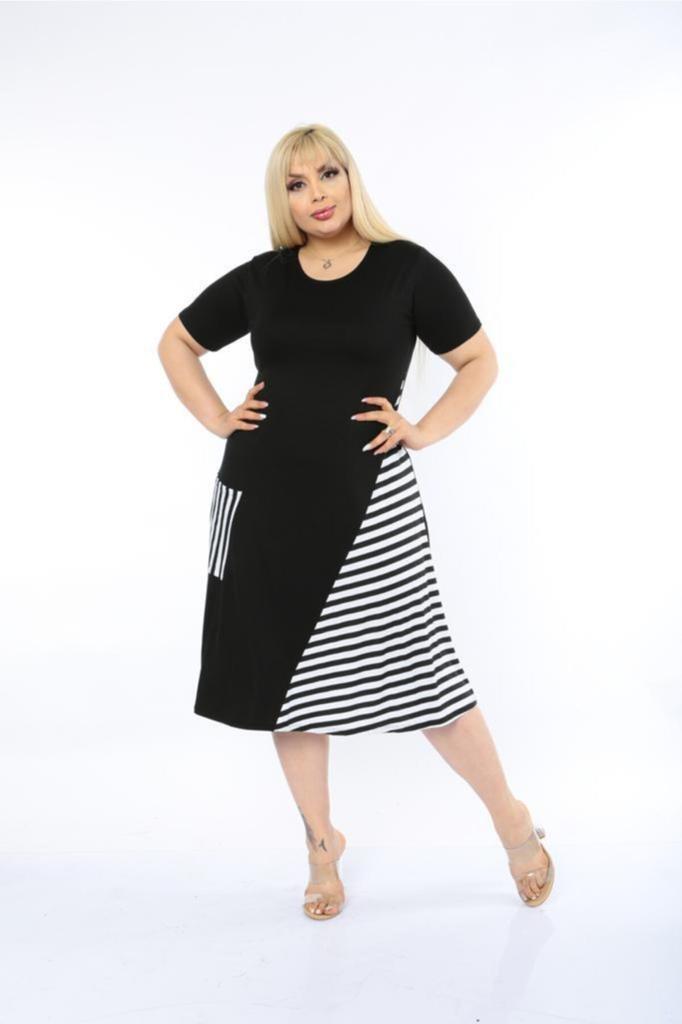 Women's Big Size Dress Cross Detailed Single Pocket Knee Length Short Sleeve Midi Length Stylish Summer Combed Cotton Dress