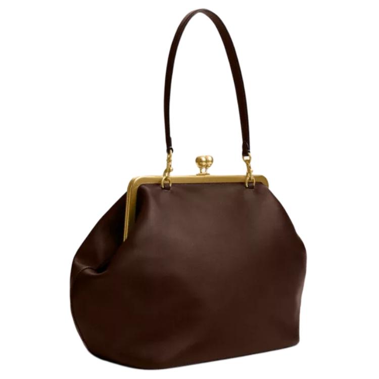 COACH Kisslock Leather Clutch Handbag Large Women's Dark Brown CBR51-B4DB