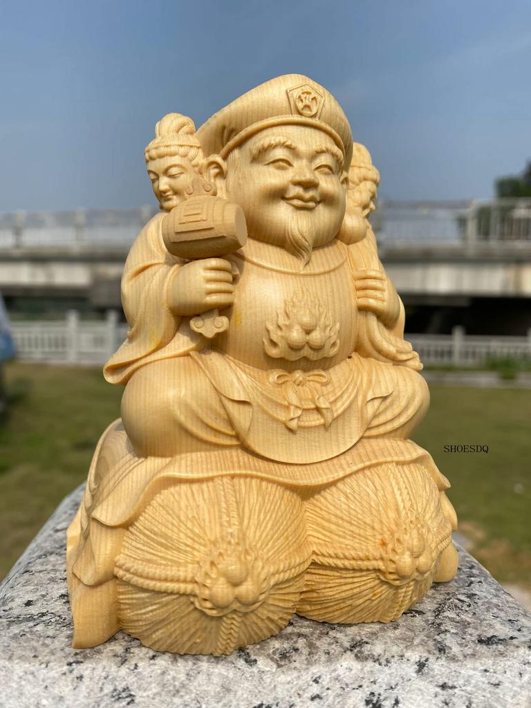 15cm Wooden Carved Buddha Made from Premium Cypress A guardian deity of career business and protection from Statue, Three-Faced Daikokuten, Wood.