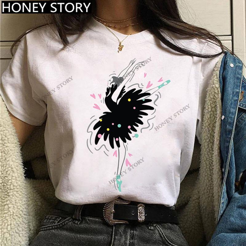 Dance Letter Print T Shirt Ballet Silhouette Monogram Print Women's T-shirt Loose Aesthetic Tops Graphic T Shirts Pro Choice