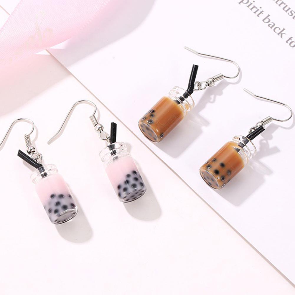 Fashion Women Bubble Tea Drink Dangle Long Ear Hooks Earrings Jewelry Decor