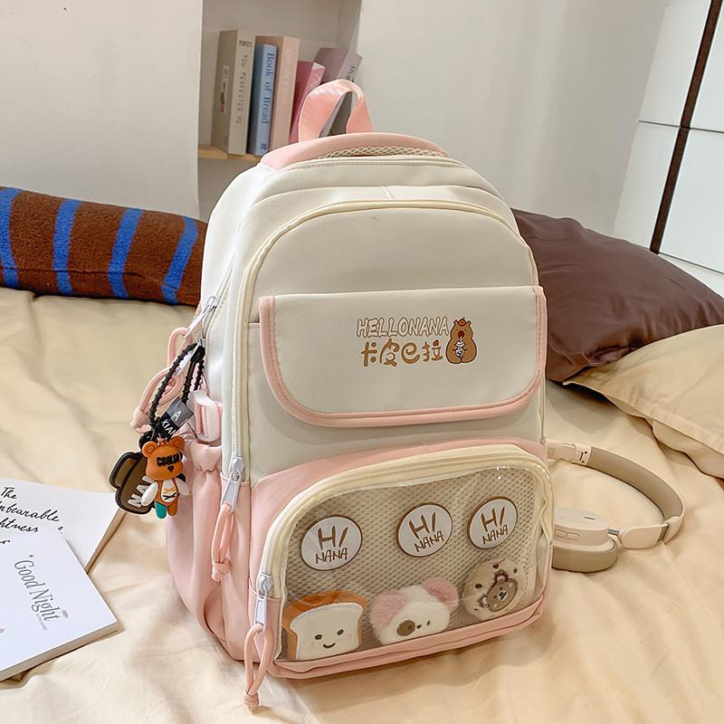 Capybara Color Blocked Letter Print Student Backpack With Pendant Badge And