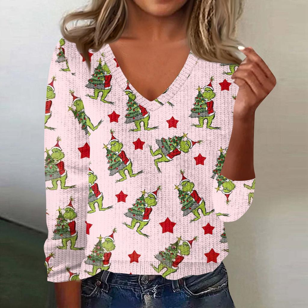 Women's Cute Sweatshirt Knitted Fashion Casual V-neck Long-sleeved  Cozy Print Top