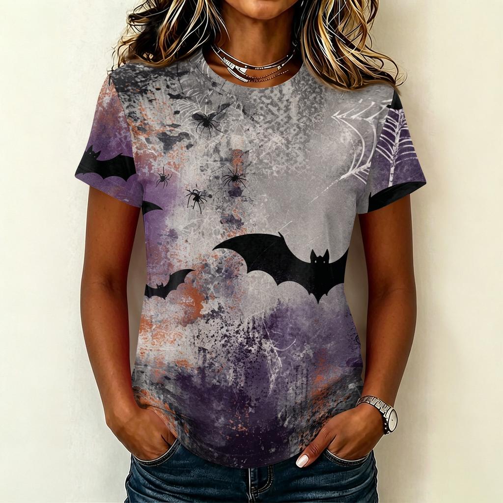 Women's Casual Pullover Short Sleeve T Shirt Halloween Graphic Print Round Neck Top Lightweight Comfortable Fit