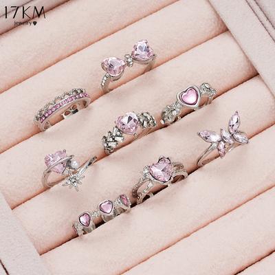8 Piece Sweet Cool Style Women's Inlaid Pink Bow Love Zircon Open Ring Set The Best Gift for Friends