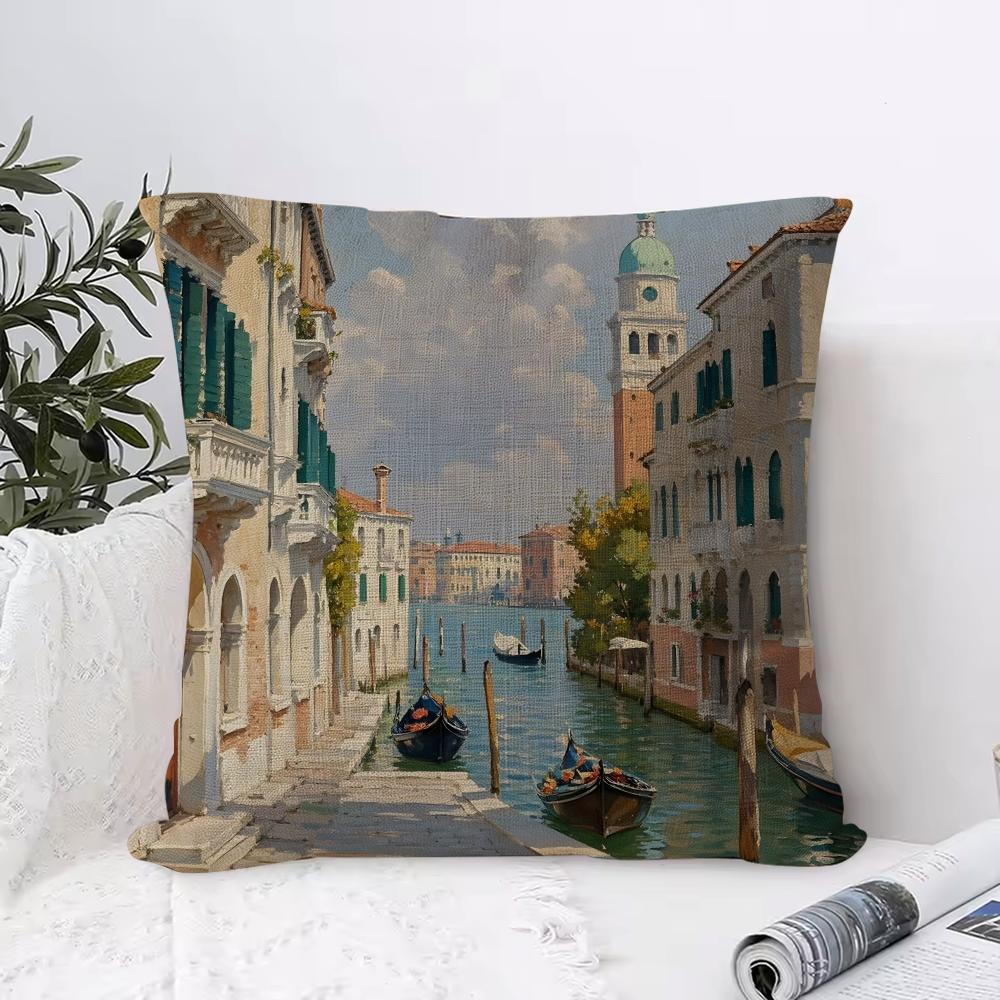 Oil Painting Venice Town Cushion Cover Eco Linen Pillow Case DoubleSided Print Breathable Durable Zipper Home Decor Gift