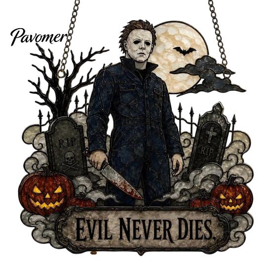 Porch Showcase Hanging Accents Halloween Decoration, 2D Michael Acrylic Suncatcher, Window Decor with Pumpkin Movie Fan Collection Gifts Tombstone,