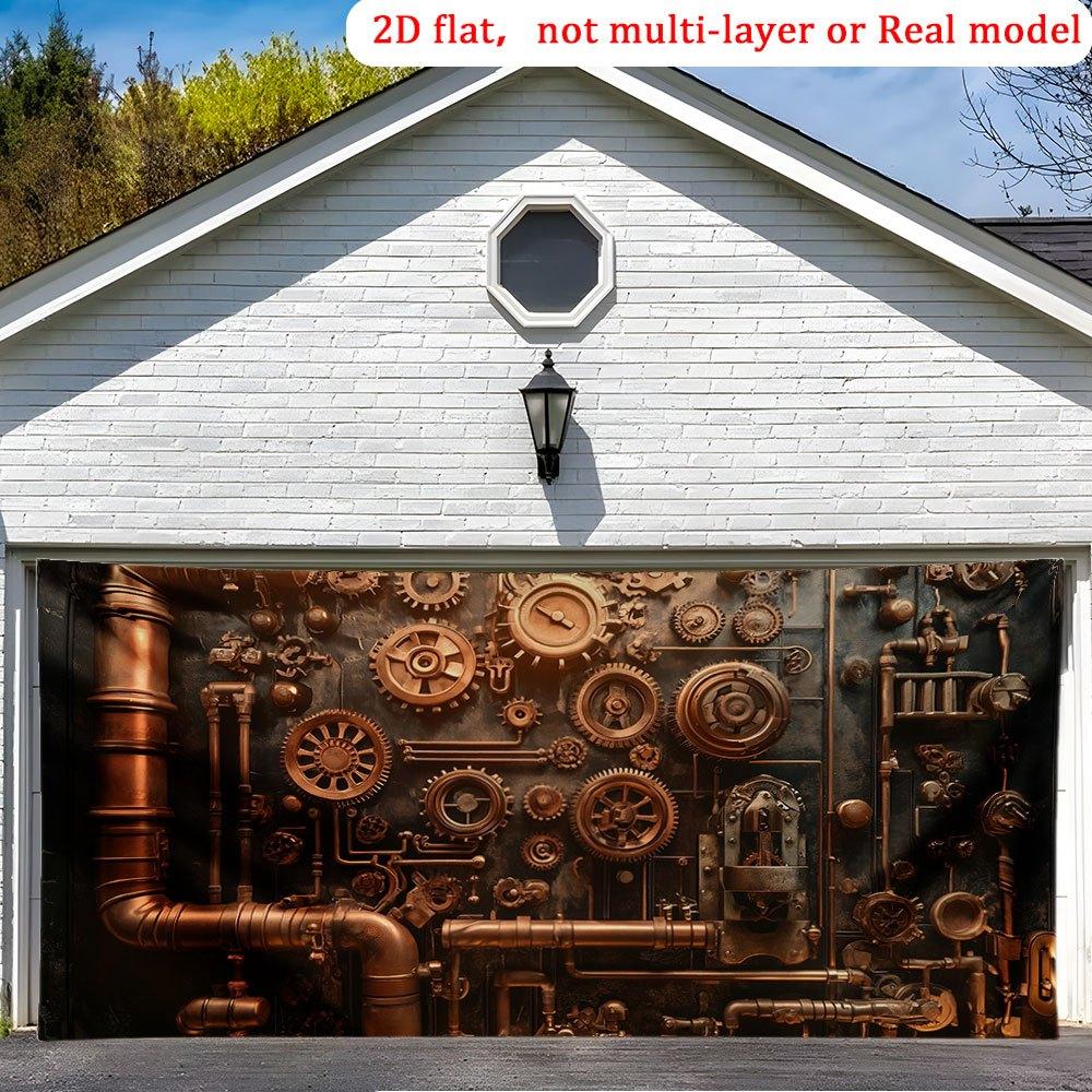 A huge-sized garage background decorated with steampunk-style gears and pipes for a birthday celebration event