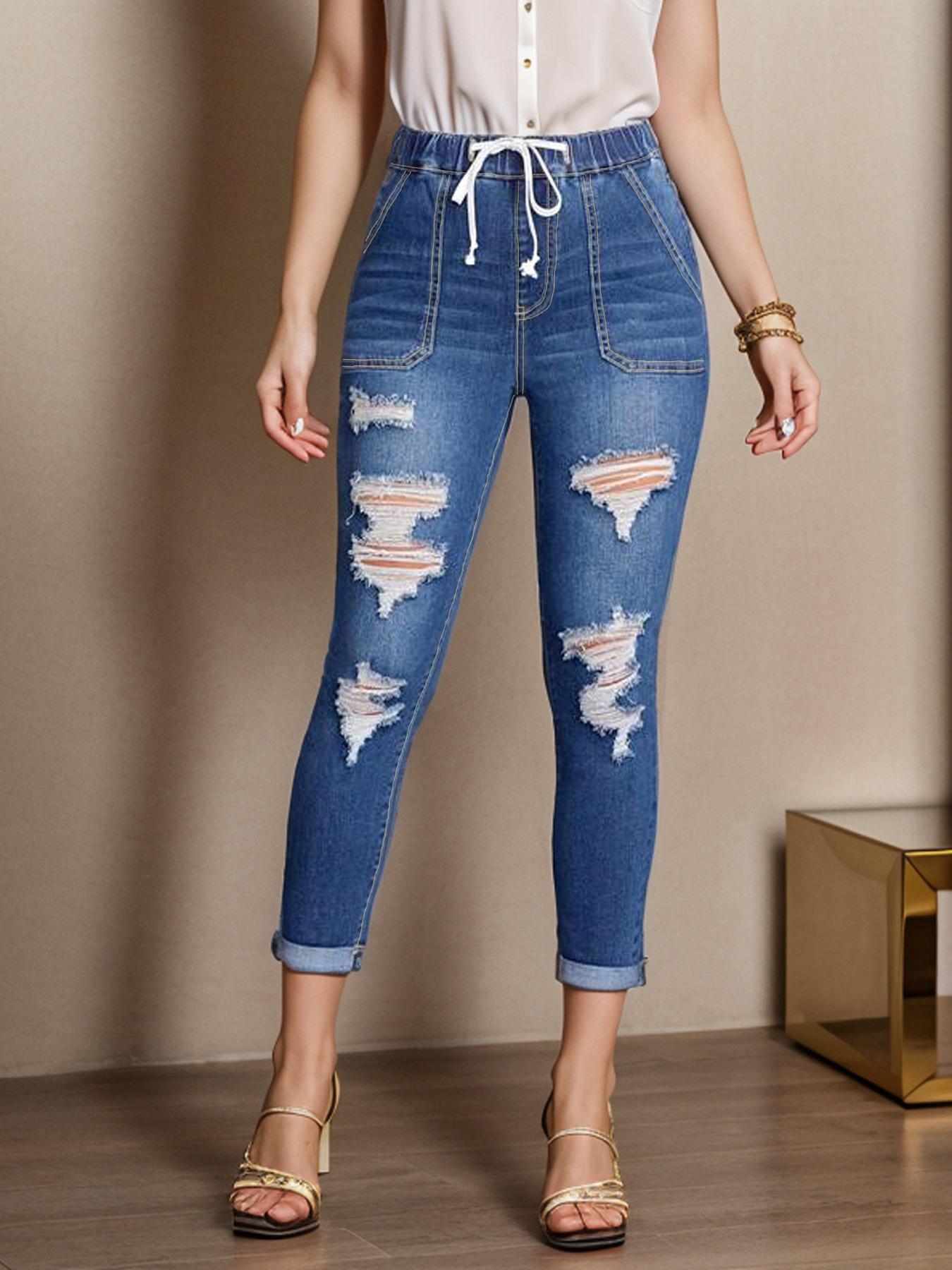 European & American Women s Elastic Waist Skinny Jeans - Stretch Ripped Cropped Style XXL