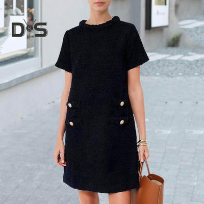 Women Dress Round Neck Loose Back Zipper Closure Short Sleeves Solid Color Button Decor A Line Vintage Mini Dress