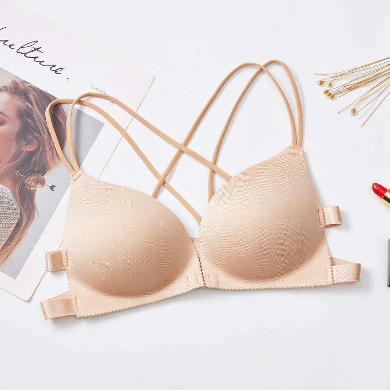

Elegant Wire-Free Push-Up Bra with Front Clasp and Stylish Bandage Design for Small Busts Large тілесний