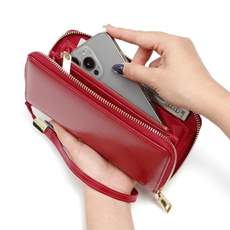 Women's Large Capacity Genuine Leather Wallet Clutch with Zipper Card Holder & Wrist Strap - Fashionable & Casual Style