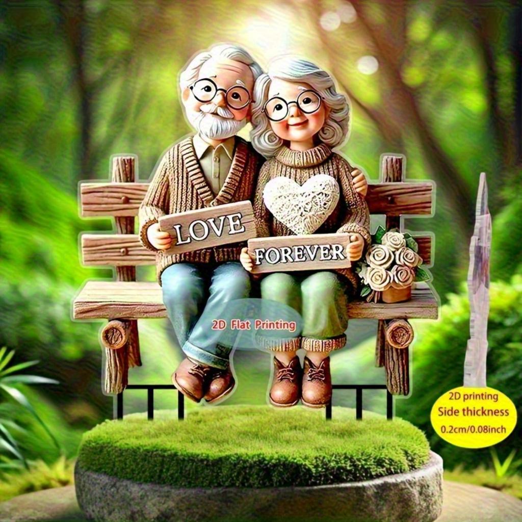 2D Romantic Grandparents on Bench Garden Stake Decor for Lawn Planter Patio, Ideal Festival & Elderly Gift, Perfect Garden Ornament