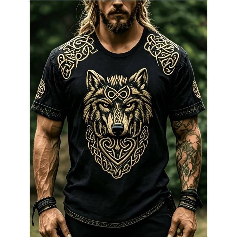Men's Casual Short-Sleeve T-Shirt with a Wolf Head Design: Stylish, Trendy, and Unique Style for Summer Outdoors and Streetwear