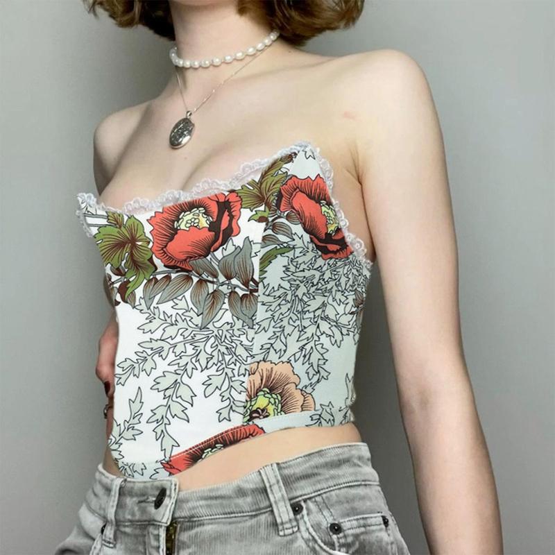 Sweet Floral Printing Backless Female Waist Corset Sleeveless Top Women Slimming Waistband Elasticity Corsets T-shirt