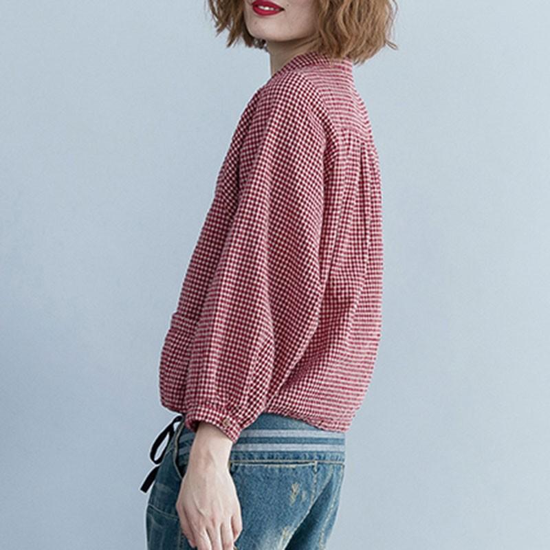 Plaid Cotton Linen Shirt Women Casual Spring Autumn Vintage Shirts Stand Collar Loose Female Long Sleeve Tops