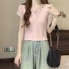 New Shoulder Slim-fitting Curved Round Neck Short-sleeved T-shirt Women's Short Button-up Summer Design Top