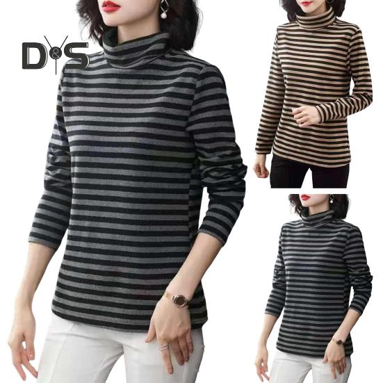 Damen-Oberteile mit hohem Kragen, langen Ärmeln, verdicktem Samtfutter, Pullover-Oberteile, gestreifter Aufdruck