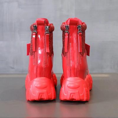 Mode 7CM Automne Bling Bottes en Cuir Talons Compensés Femmes Bottines Hautes Baskets à Plateforme Hiver Rouge Chaussures de Moto Chaussures Féminines