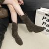 Fashion New Style Fashion Women's Winter Ankle Boot Cow Suede Leather Shoes for Women Pointed Toe Short Boots Chunky Shoes Western Boots