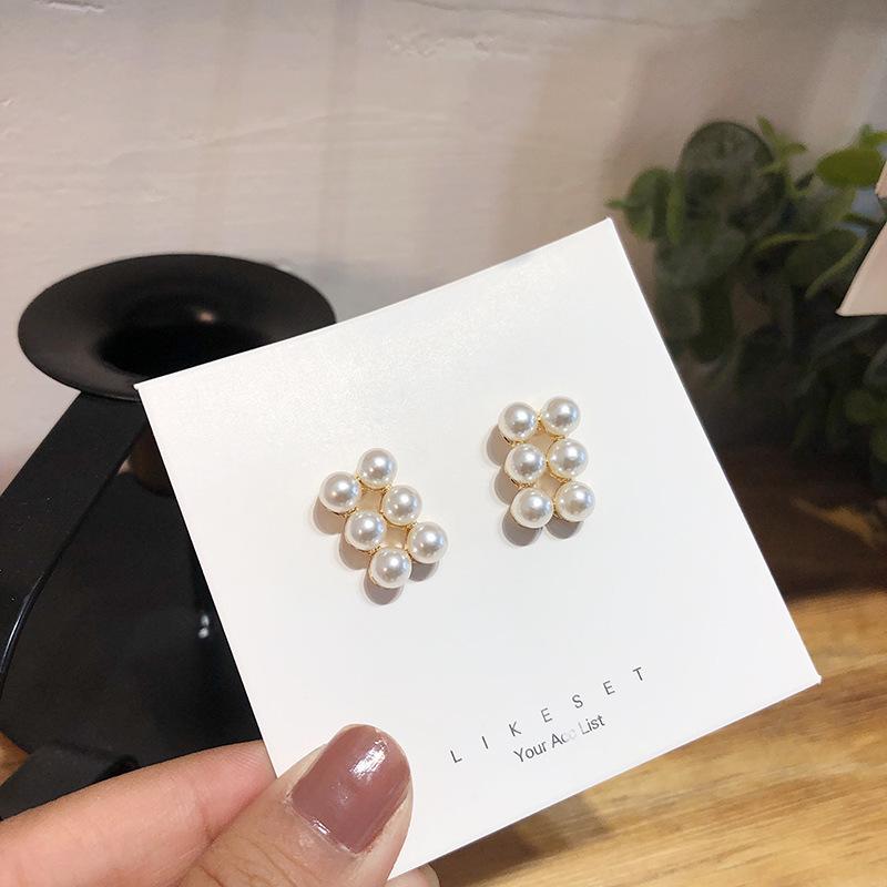 Dongdaemun Versatile Double Row Highlight Pearl Stud Earrings Minimalist Style Silver Needle Super Immortal Pearl Earrings