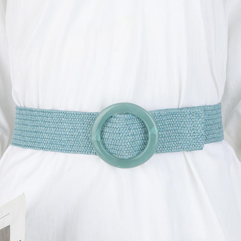 

Small Fresh and Fashionable Elastic PP Grass Textile Wide Belt Boho Round Buckle Decorative Dress Belt for Women