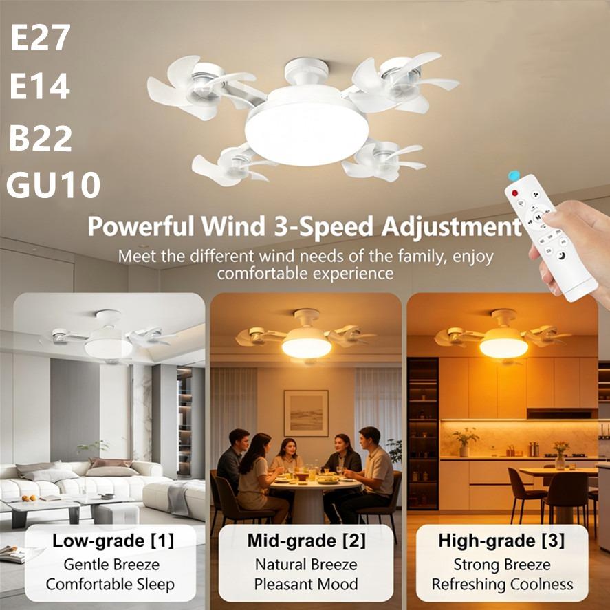 Rotatable 3in1 Ceiling Fan with Remote Control Lighting Lamp E27 E14 B22 GU10 Converter Base Lighting Base Bedroom Living Room