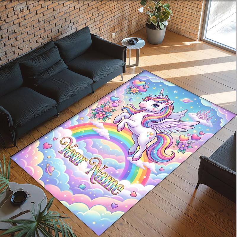 Alfombra de Suelo de Terciopelo de Cristal con Temática de Unicornio, Alfombra Cálida Personalizada con Nombre y Texto, Decoración del Hogar