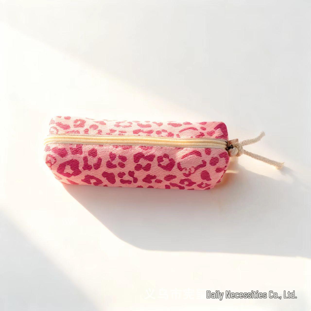 Large Capacity Light Pink Leopard Print Canvas Pencil Case for Junior High School Girls Holds 30 Pens