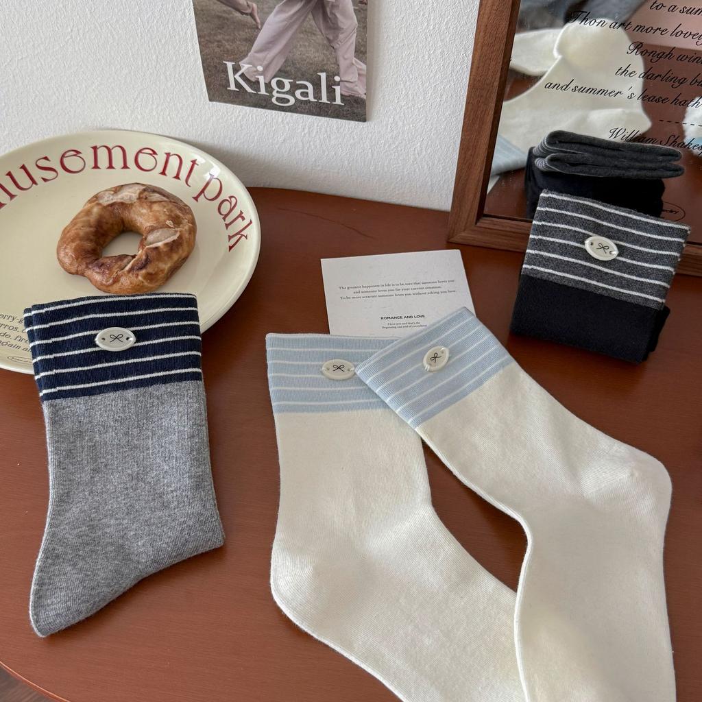 Button-Down Bow Socks Mid-Leg Socks Trendy Pure Cotton Versatile Preppy Style Striped Contrast Stack Socks