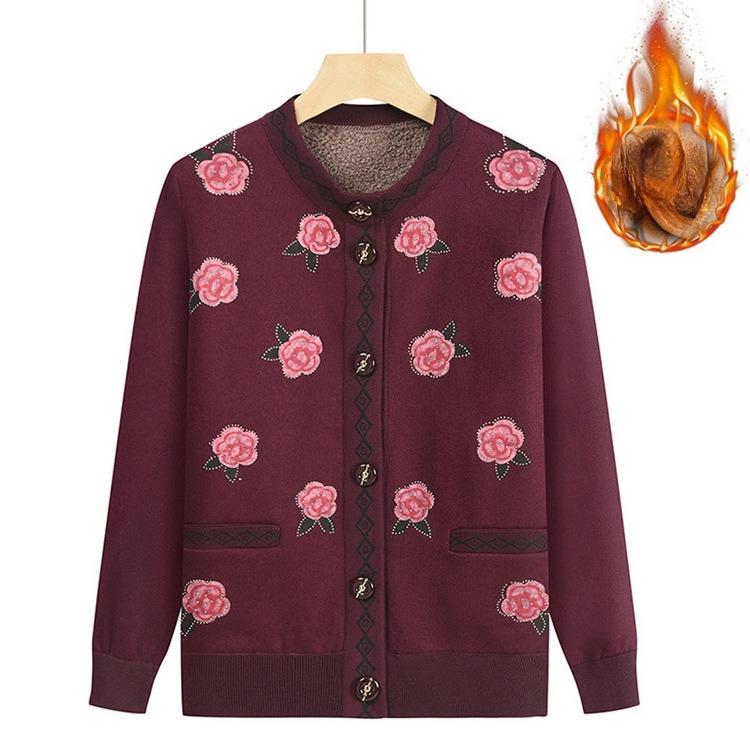 

Мамин кардиган Топ Женский Бабушкин Круглый вырез Узор Вязаный свитер Плюс Бархатный Утепленный Осенняя одежда для людей среднего и пожилого возраста 4XL