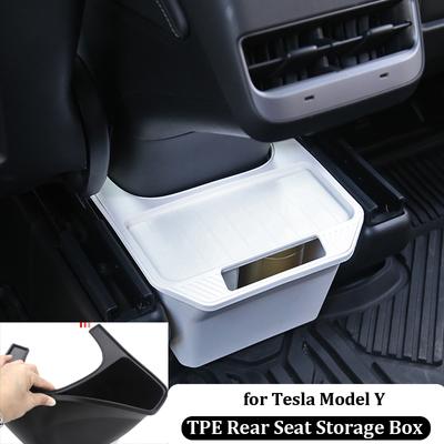 Akcesoria ModelY 2023 do Tesla Model Y Tylny schowek na siedzenie TPE Organizer Box z pokrywą Uchwyt na telefon Kosz na śmieci pod siedzeniem