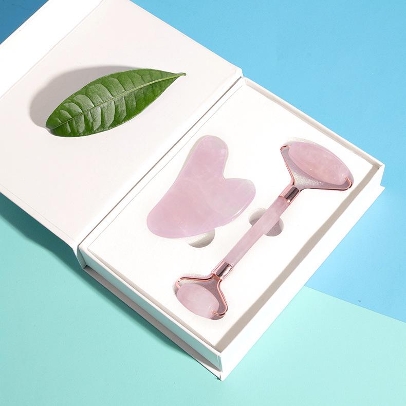 Rose Quartz Roller & Gua Sha Set with Customizable Logo - Natural Jade Face and Eye Massager
