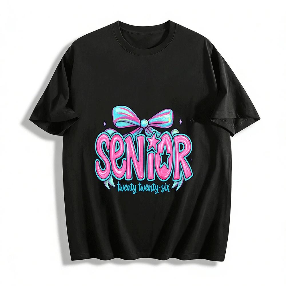 Senior 2026 Bow Star Print Graduation Keepsake Top Pure cotton T-shirt XXS