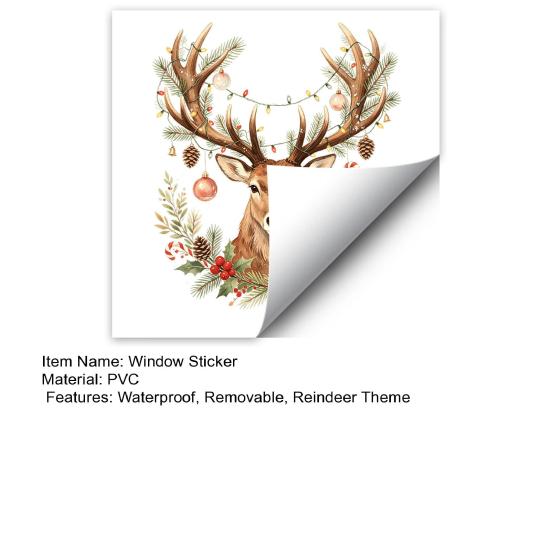 Seasonal Window Decals Christmas Watercolor Reindeer Cling, Removable Reusable Elk Head Static Easy Install Sticker Decal, Animal Decorative Glass for